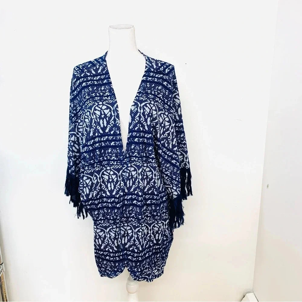 Poof Open Sweater Large Fringe Cardigan ‎ Blue Print Short Sleeve Boho Lagenook